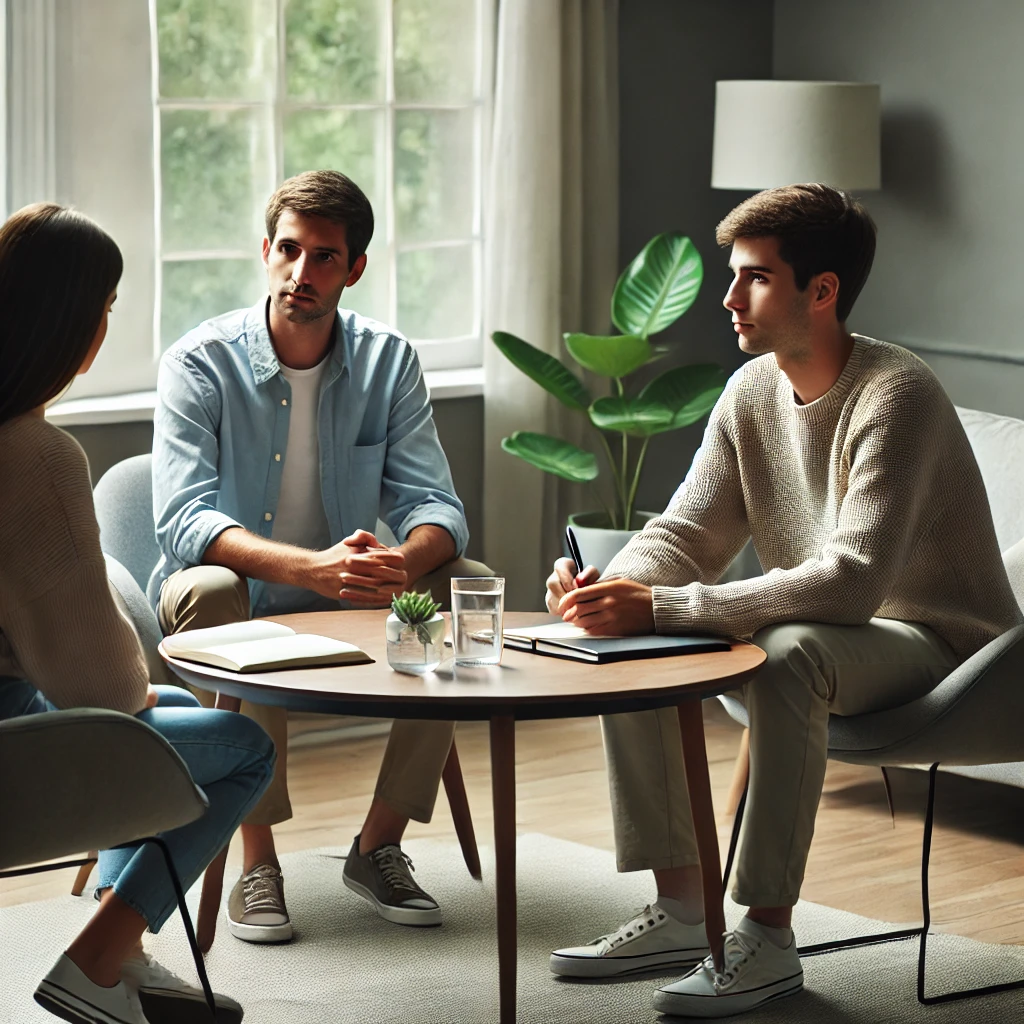 DALL·E 2024 09 01 14.33.43 A family mediation session in a comfortable and neutral room setting. A mediator a calm and composed person sits at the center of a round table with